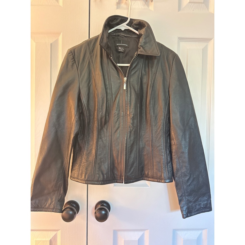 Moda International Womens Black 100% Leather Zip Up Jacket Small Tailored Chic